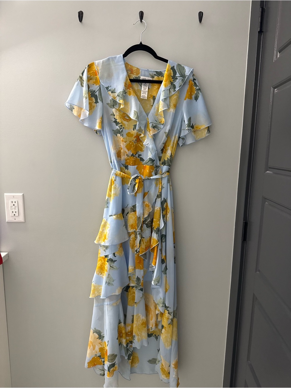 Light Blue Floral High-Low Wrap Dress with Yellow Bloom